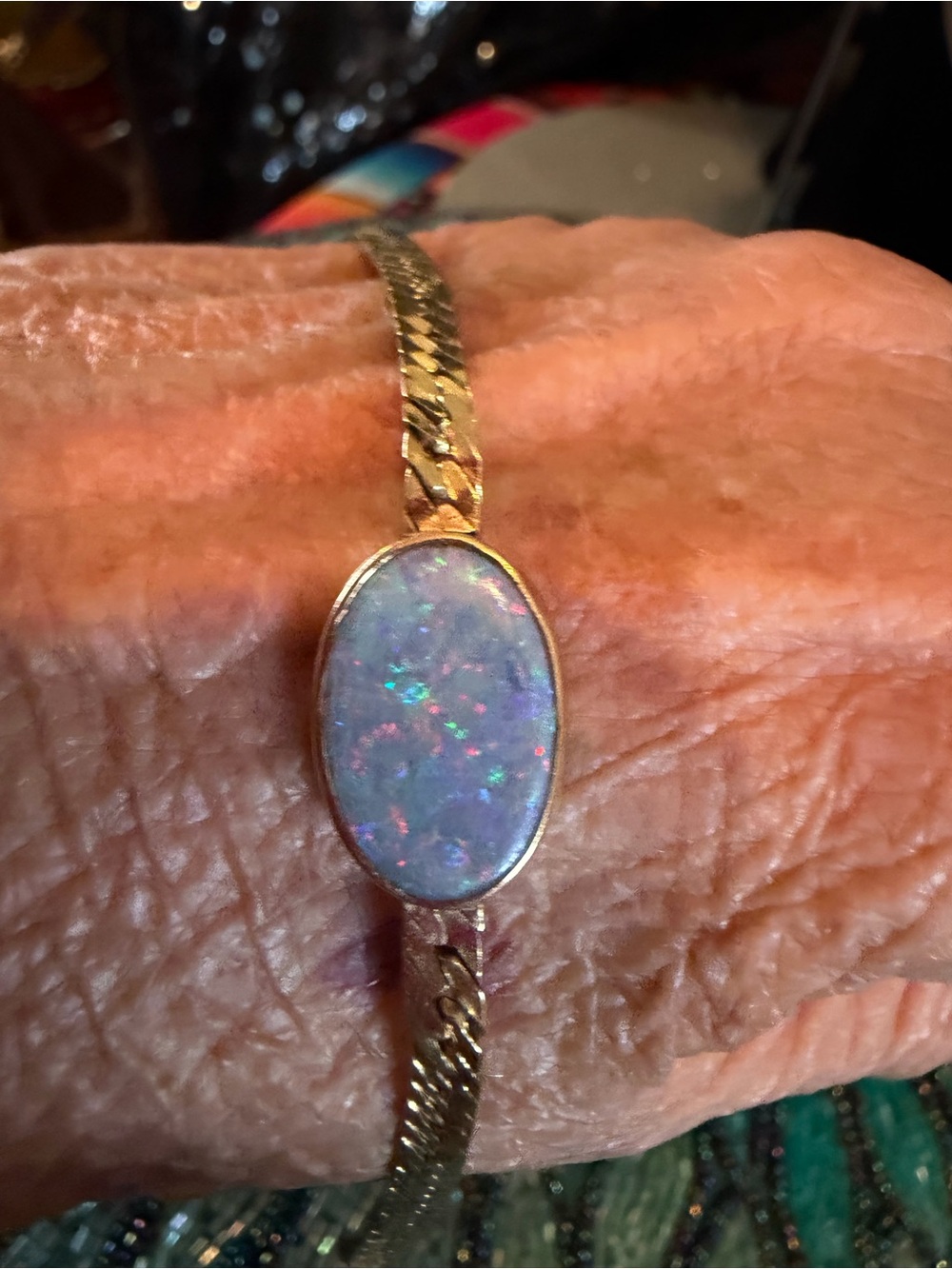 Natural Oval Opal & 14k Herringbone Bracelet